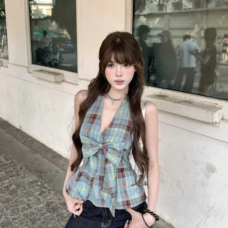 

2025 New Casual Sexy Butterfly Knot Plaid Neck Hanging Vest Women Outerwear Summer Waist Slim Tees V-neck Korean Style Tank Tops