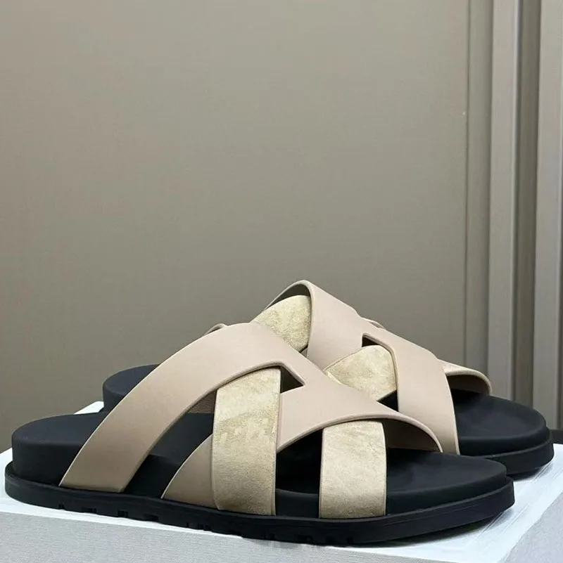 

Весенние и летние функциональные сандалии из плетеной телячьей кожи, замшевые шлепанцы с цветовыми блоками, пляжные шлепанцы для пар на отдых.