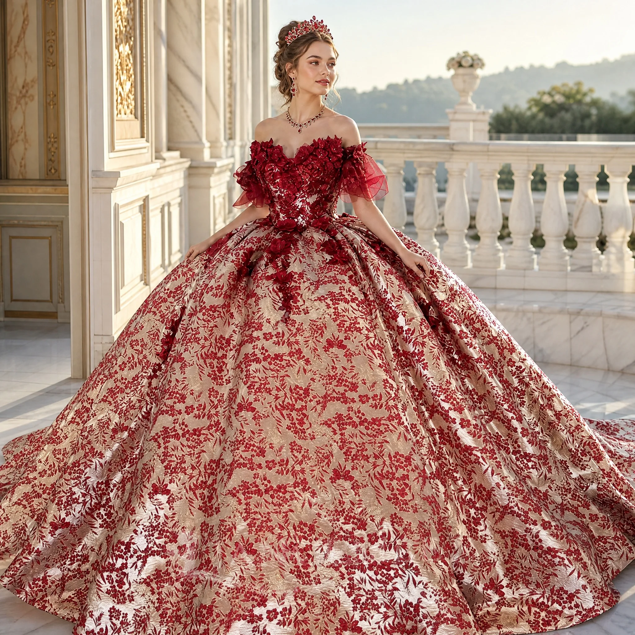 Quinceañera Dress Red Gold Floral Brocade Lace Bodice Off Shoulder Ruffle Ball Gown Vestido de Quinceañera