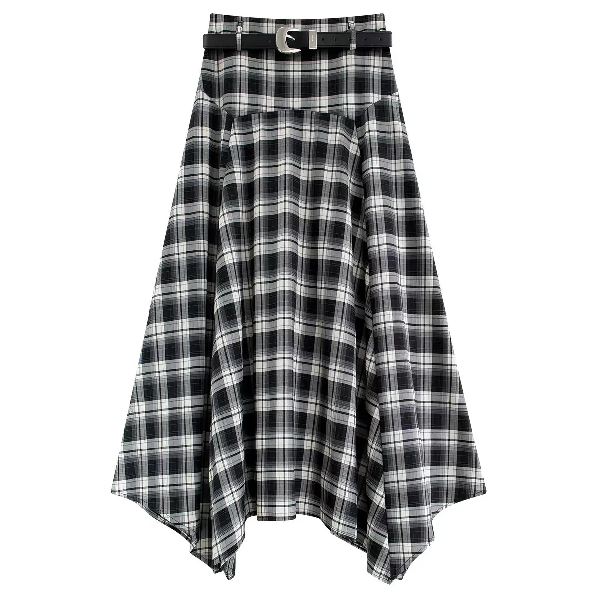 Black white Plaid Irregular half Skirt for women 2026 Summer Thin Temperament Design New High waist Hanging A-line long Skirts