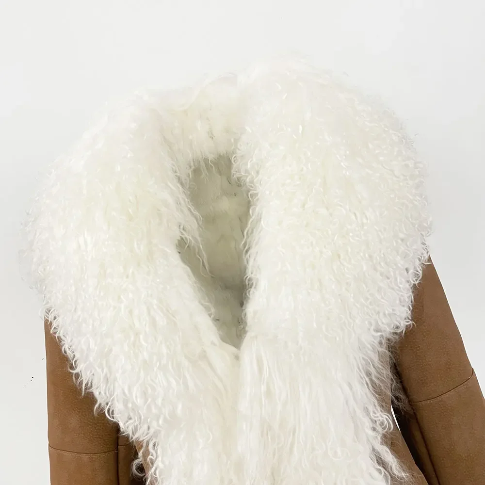 OFTBUY New Winter Warm Curly Mongolia Sheep Fur Jacket Women Vintage Shearling Coat Slim Faux Suede Real Rabbit Fur Clothing