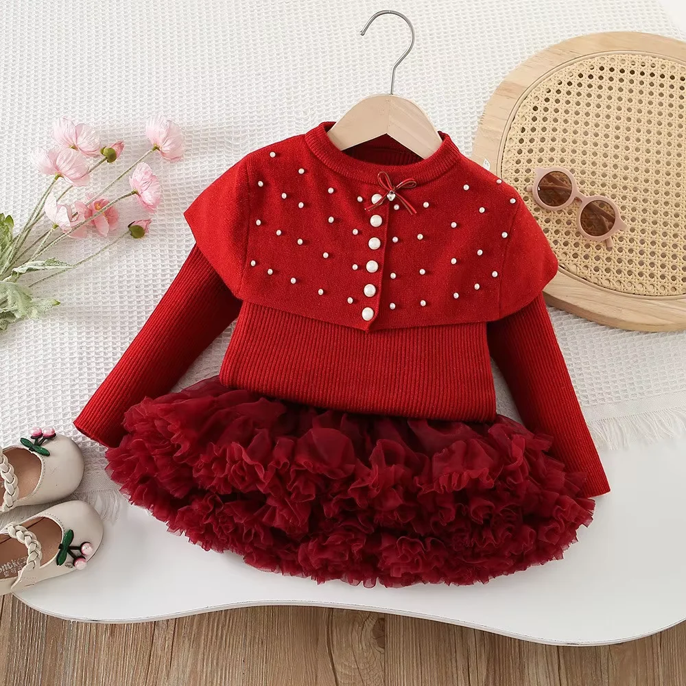 Girls Cape Set Autumn Winter Kids Solid Color Beaded Knit Sweater Stylish Tutu Skirt Mesh 2 Piece Outfit Children Clothing