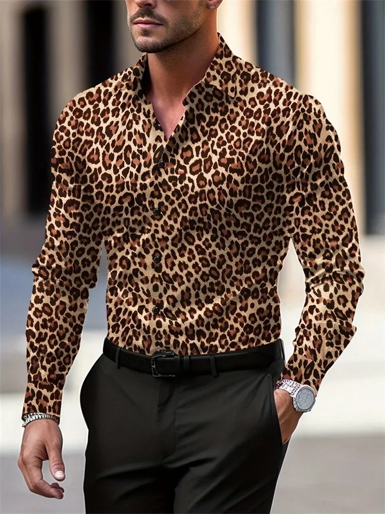 

Men's Long-sleeved Shirt with Leopard Print Top with Flaps City Street a Newspaper Chest New Fashion Casual Clothing 2025