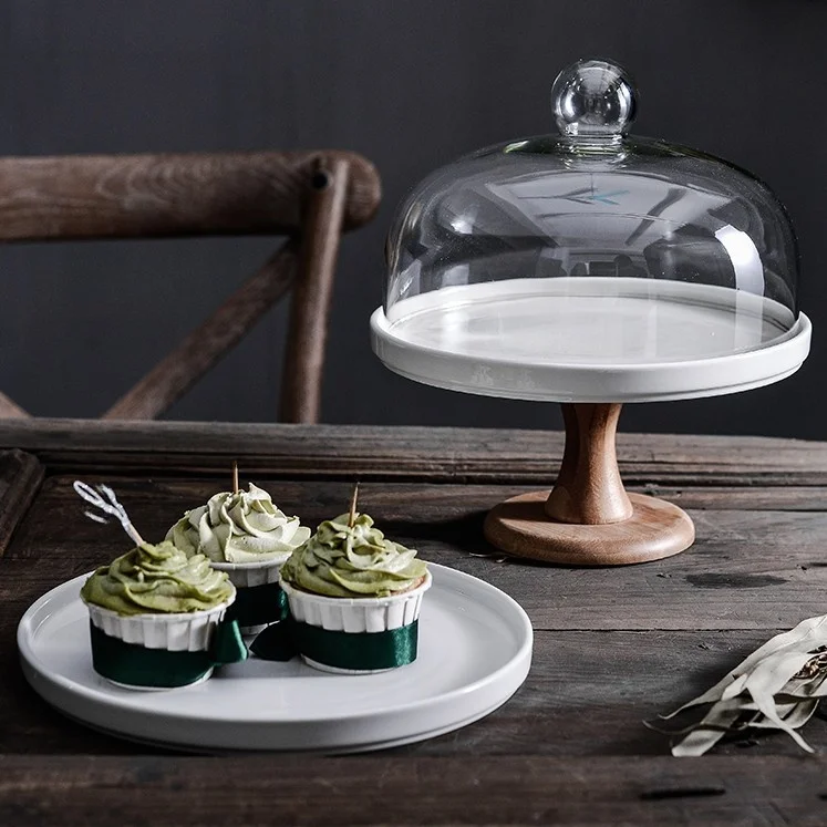 

Transparent Glass Dome Stand for Dessert Table Display Rotating Food Plate High Footed Bread Cover Nordic Style Ceramic Material