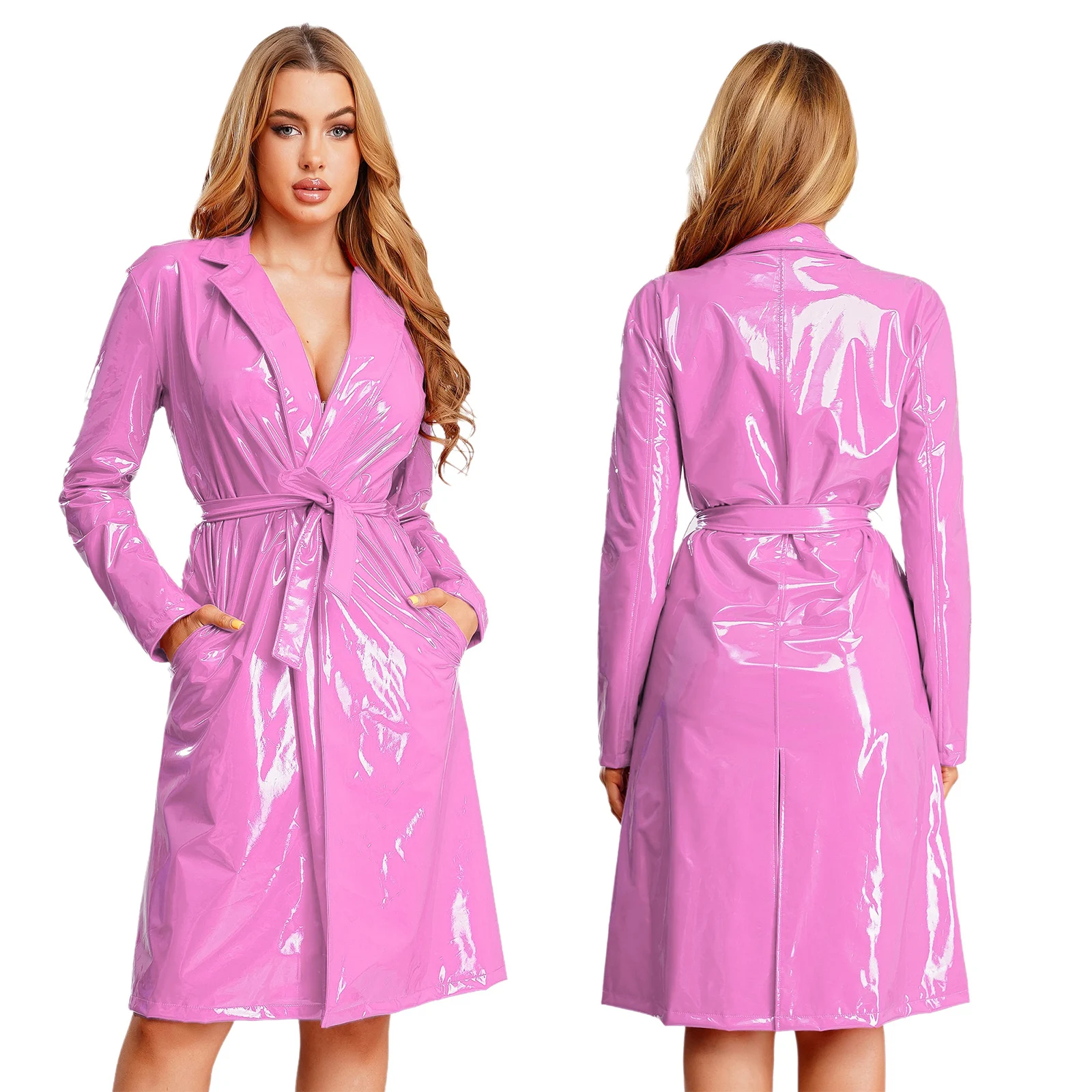 Volwassenen Dames Lange Trenchcoat Blazer Clubwear Revers Glanzend Open Voorzijde PU Leer Lange Jassen met Riem Overjas Streetwear