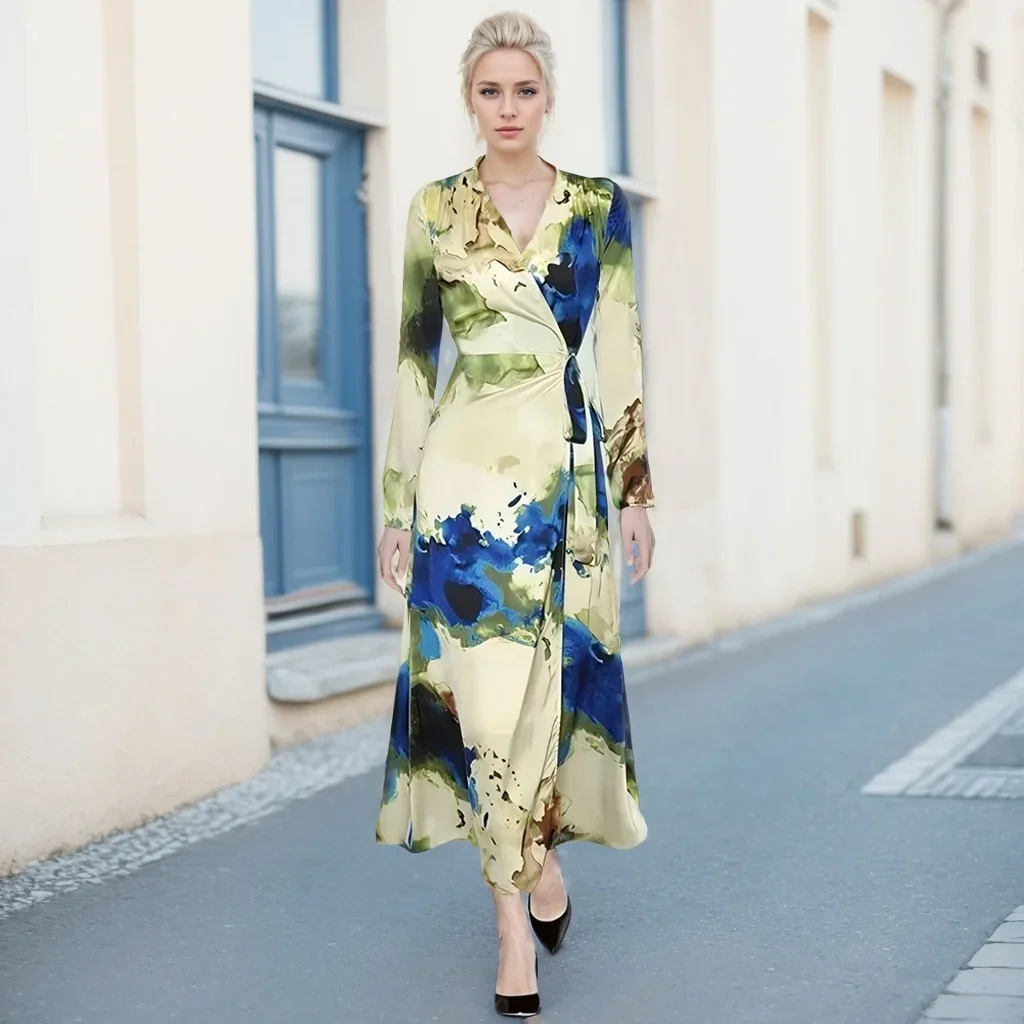 2026 Neu: Satin-Seiden-Wickelkleid mit Langen Ärmeln, V-Ausschnitt, Abstraktem Druck und Bindegürtel, Elegantes Maxikleid für Damen