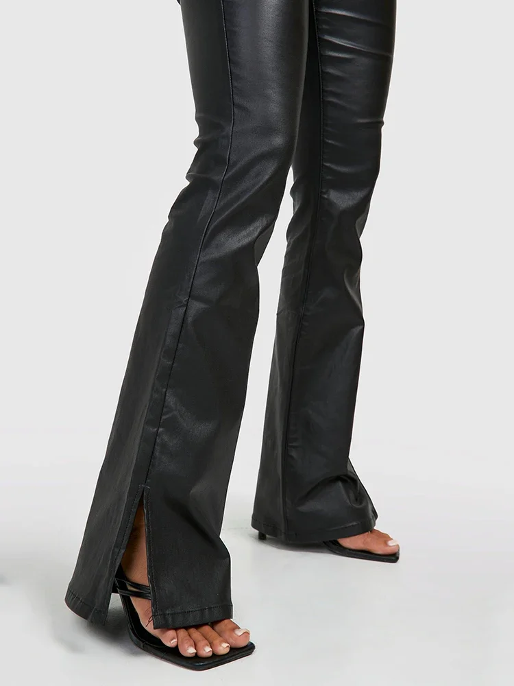 Women Faux Leather Flare Pants Party Disco High Waist Stretch PU Bell-Bottom Trousers Vintage Slim Floor Length Pants Custom New