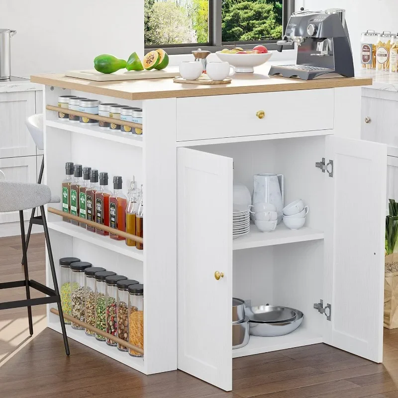 Kitchen Island with Storage, Large Organized Storage Space with Power Strip, 2-Door Cabinet and 2 Open Shelves/Dual Side Drawers