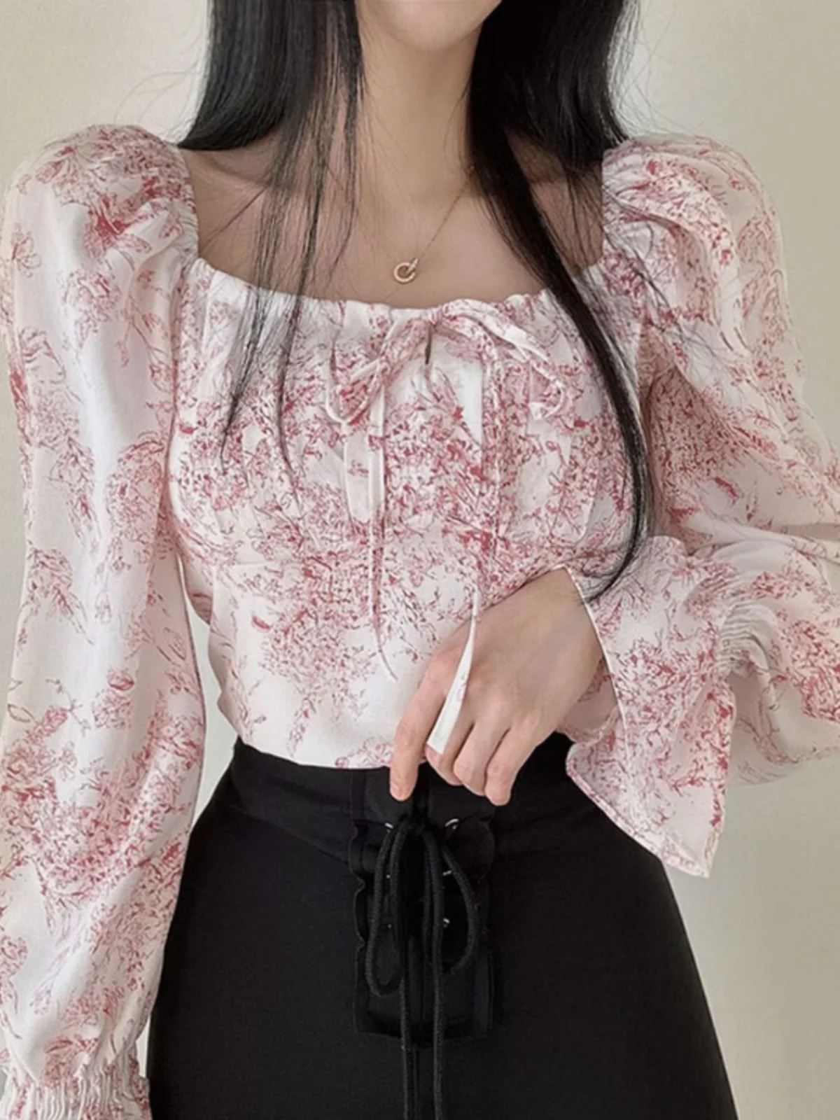 

Chic Fairy ort irt Ultra Fairy Sweet Tie Ne Flubble Sve Summer angpin Chiffon Blouse Commute Sle Long Sve