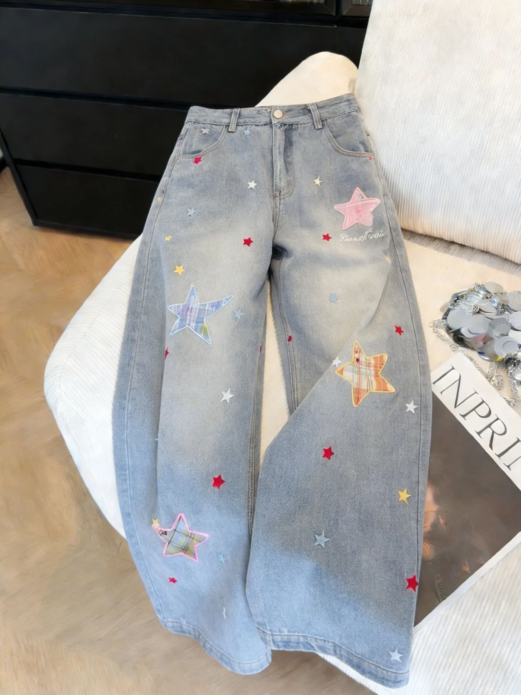 

Женские джинсы с высокой талией и широкими штанинами в стиле ретро, весенне-осенние, корейские, с принтом звезд, в стиле колор-блок, повседневные, удобные, свободного кроя