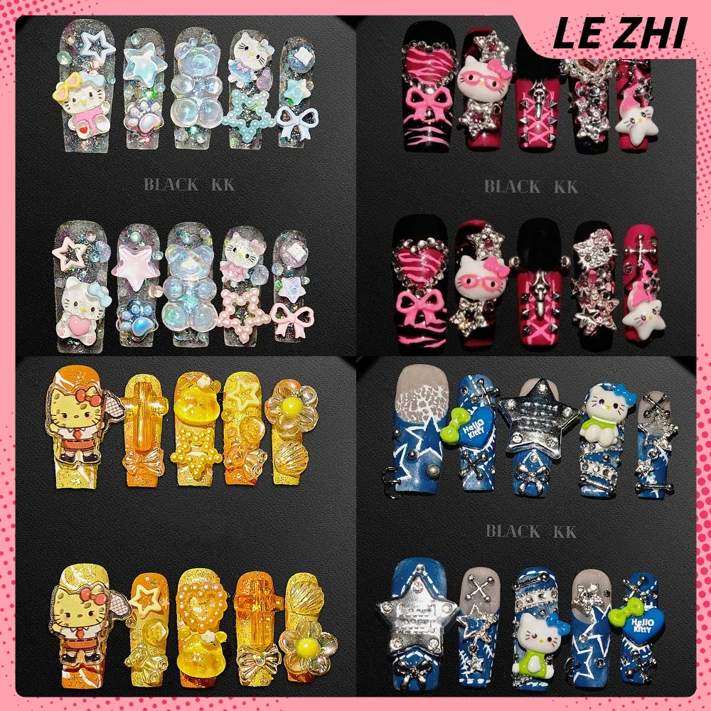 

10Pcs Y2K Spicy Girl Long Coffin Handmade Press On Nails 3D Hello Kitty Bear Pearl Diamond Pentagram Wearable False Nail