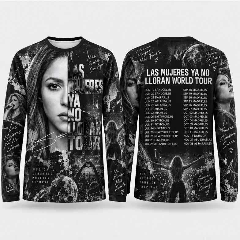 LAS MUJERES YA NO LLORAN TOUR Unisex Shakira Fan Souvenir World Tour Long Sleeve Top,Casual Concert Merch Tops for Men Women