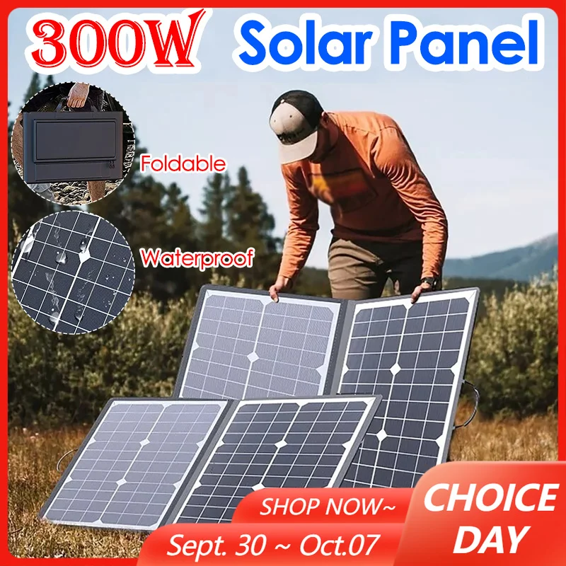 300W Portable Foldable Solar Panel Monocrystalline Silicon Folding Bag with 10 DC Power Adapters for Camping Outdoor Emergency