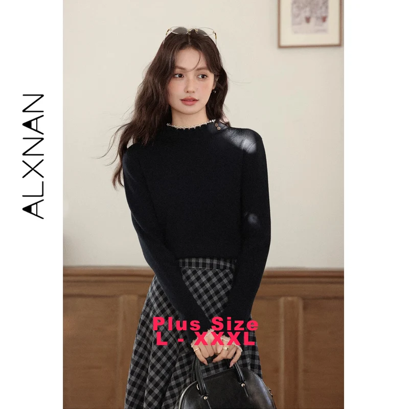 

Черные пуловеры больших размеров ALXNAN с рюшами на воротнике, кружевной отделкой и пуговицами, женский вязаный свитер, универсальный облегающий топ D58601
