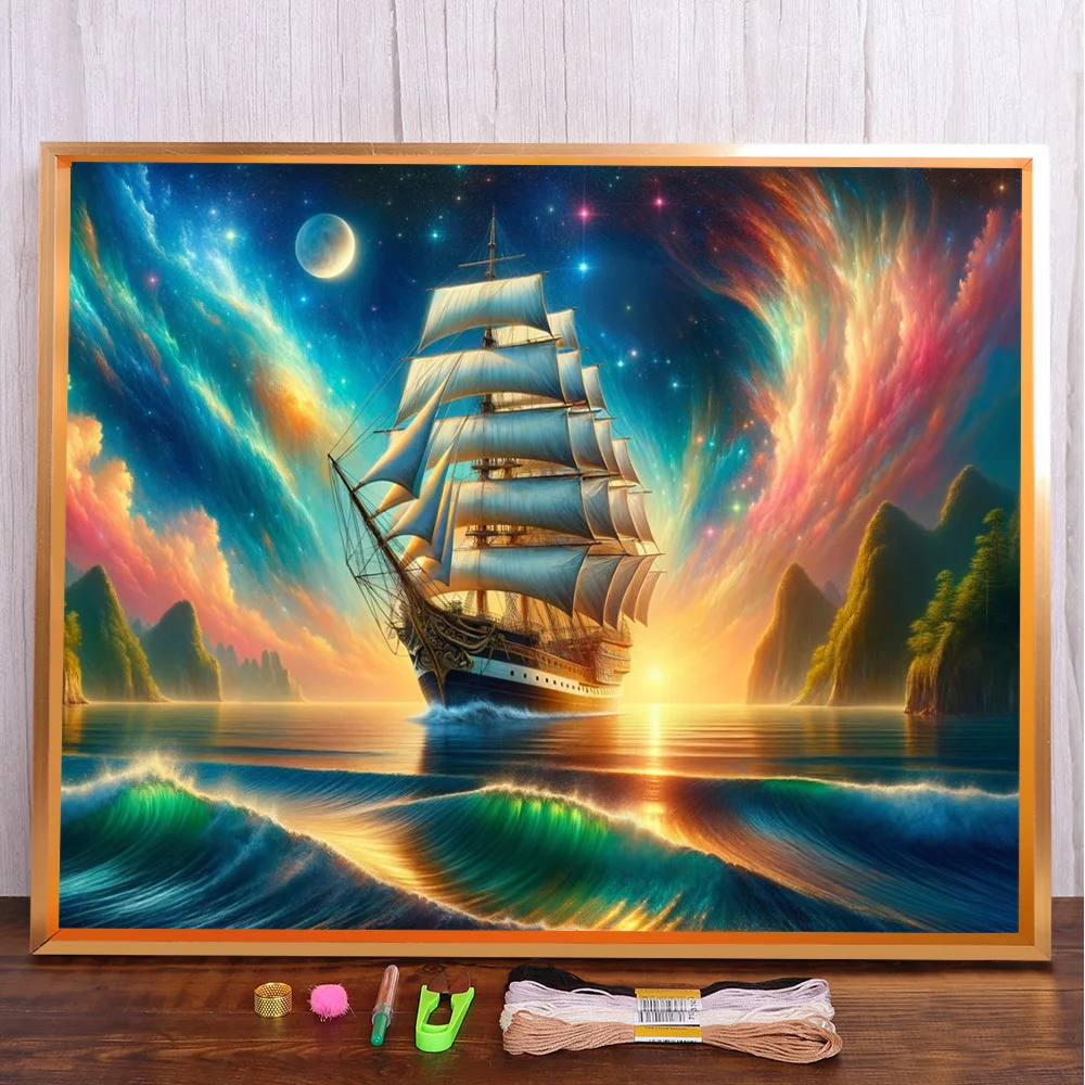 Landscape Ocean Ship Printed Fabric Cross Stitch DIY Embroidery Kit Craft Knitting Handmade Painting Promotions Floss Jewelry