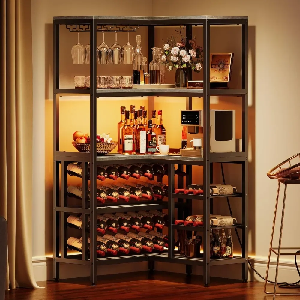 

63'' Corner Bar Cabinet with Power Outlet and LED Light - 5-Tier L Shaped Industrial Wine Rack and Liquor Cabinet with Glass Hol