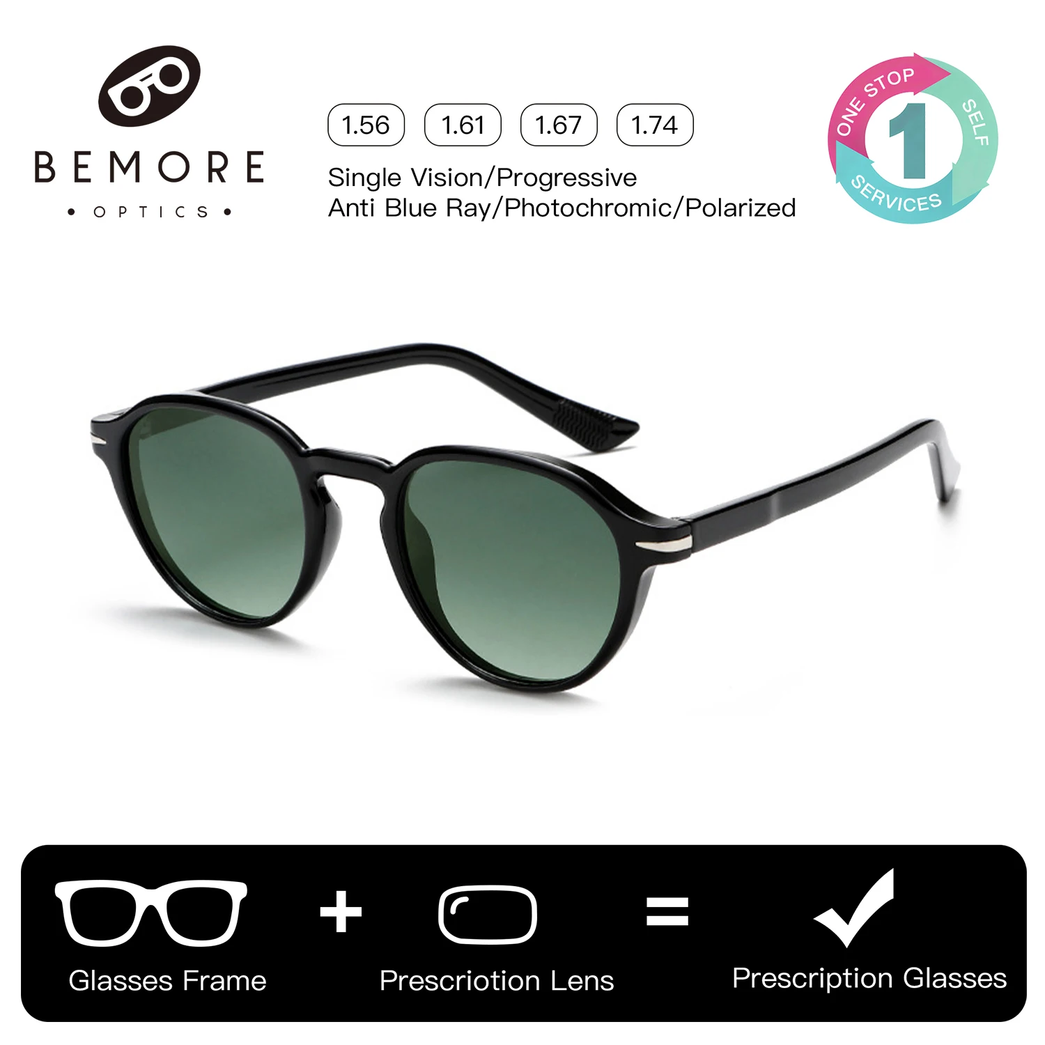 BEMORE Round Prescription Sunglasses For Women Plastic Titanium Polarized UV400 Shadow Optical Grade Glasses