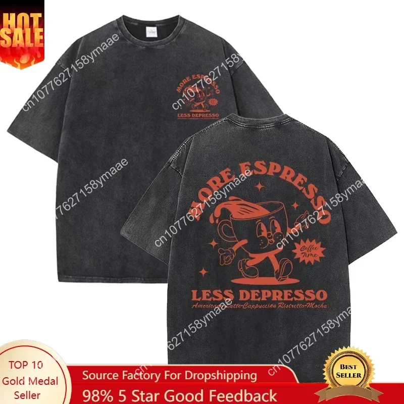 

More concentrated coffee less depression drink printed water wash vintage T-shirt men's and women's casual and versatile top