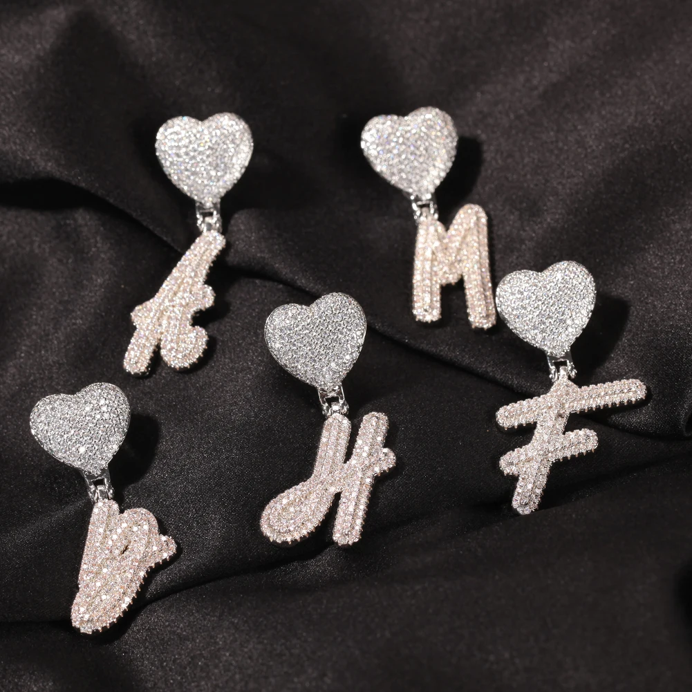 Uwin Intial Name Necklace Brush Letters With Heart Bail Brush Cubic Zirconia Jewelry Charm Hip Hop Drop Shipping 