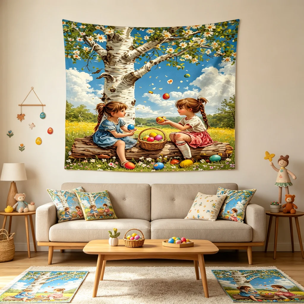 1PC Easter Girl Birch Art Print Backdrop Banner, Bedroom Living Room Photo Background, Polyester, Home Decor, Wall Art