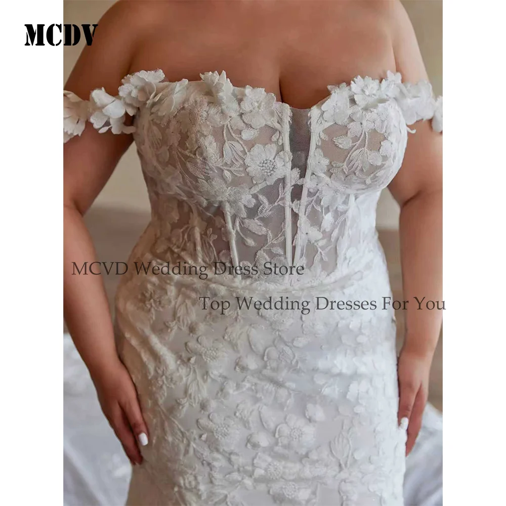 فساتين زفاف كبيرة الحجم بحورية البحر من MCDV على شكل قلب مكشوفة الكتف بطبعة زهور ثنيات فستان زفاف فيستدو دي نوفيا مخصص