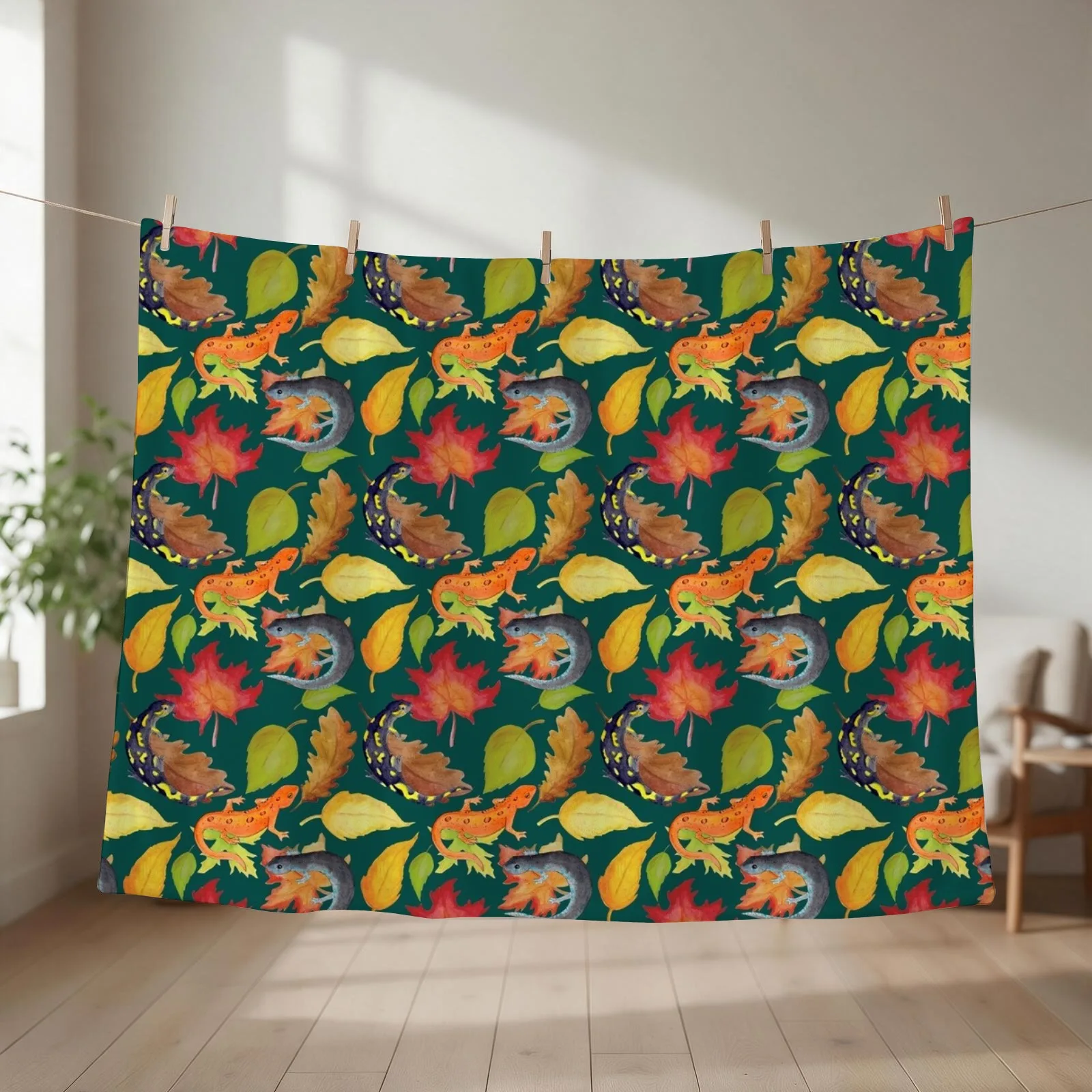 Salamander Leaves Watercolor Pattern- Dark Green Throw Blanket