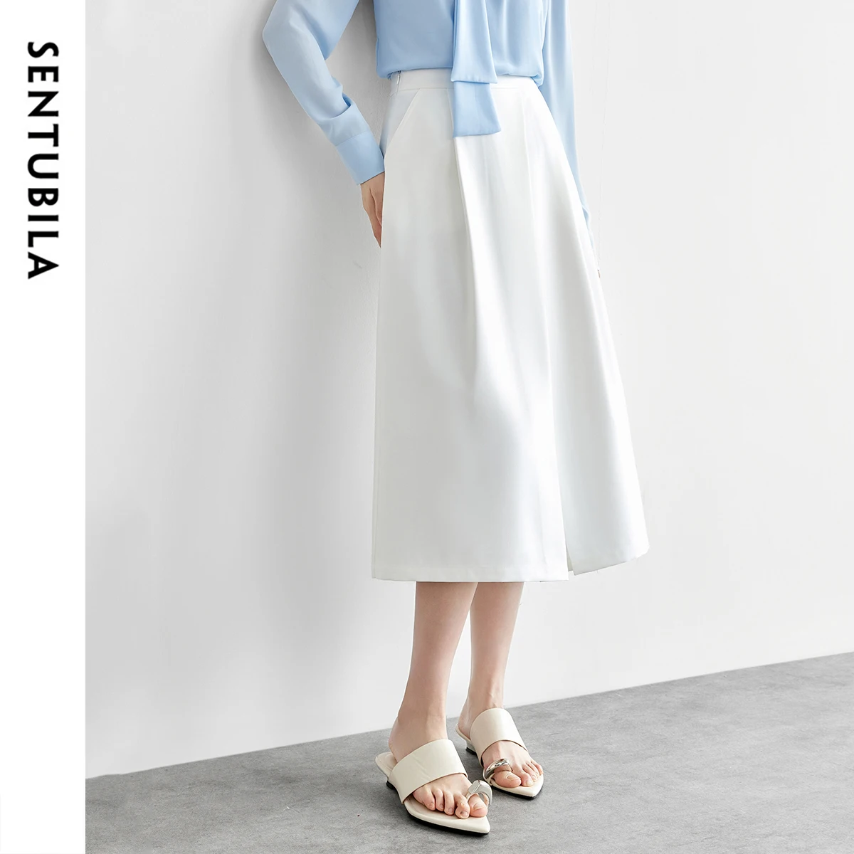 SENTUBILA White Asymmetric Skirts for Women's 2025 Spring A-line Casual Elastic High-waist Folds Slit Midi Skirt 151Q57542