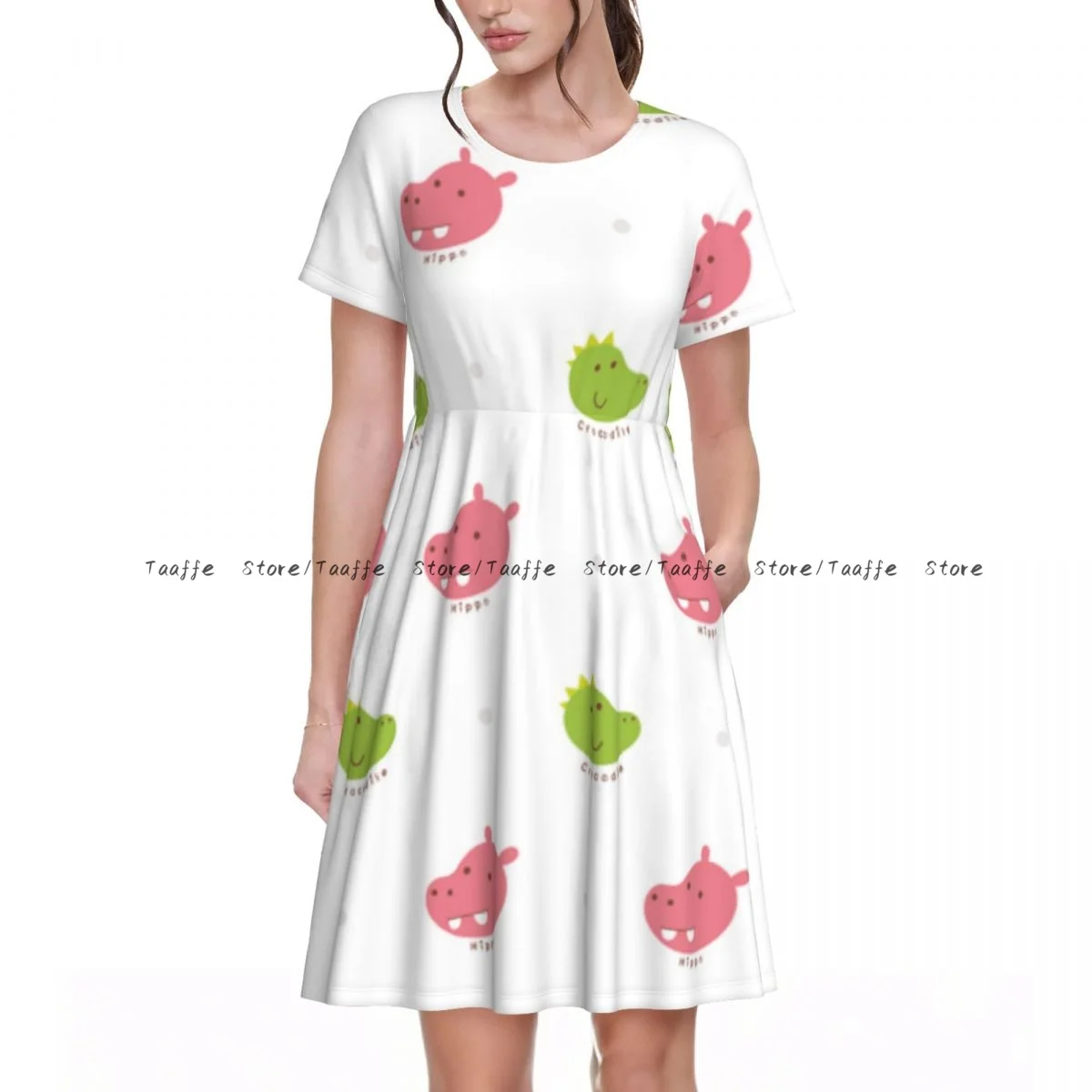 

Elegant Women Dress Crocodile And Hippo Face Turn-down Collar Short Sleeve Body-Shaping Street Robe