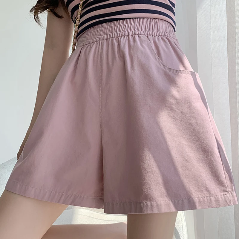 女性のカジュアルワイドレッグショーツ夏無地弾性ハイウエストショーツ女性韓国ストリートポケットショートパンツ女性