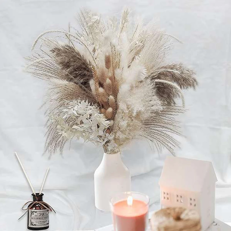 79Pcs Natural Dried Fluffy Pampas Grass Bouquet Set , Boho Home Decor Pompous Grass Large Reed Bunny Tail Wheat Stalk Decorative