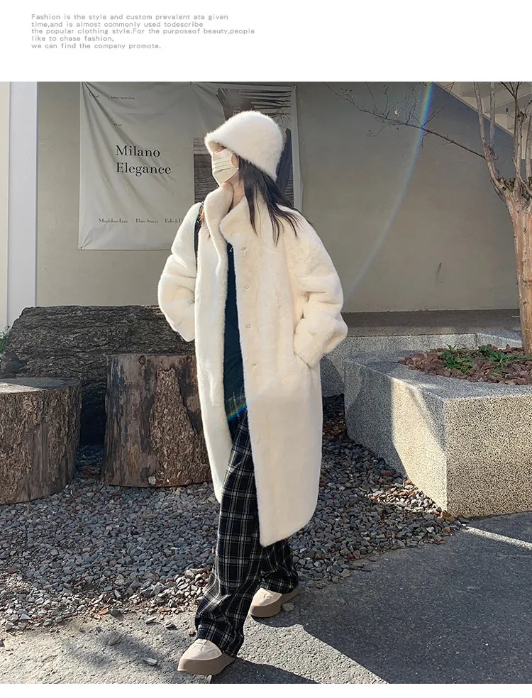 Women's Thick Faux Mink Fur Mid-length Coat Autumn Winter Fashion Stand Collar Plush Outerwear Women Elegant Warm Fluffy Jackets