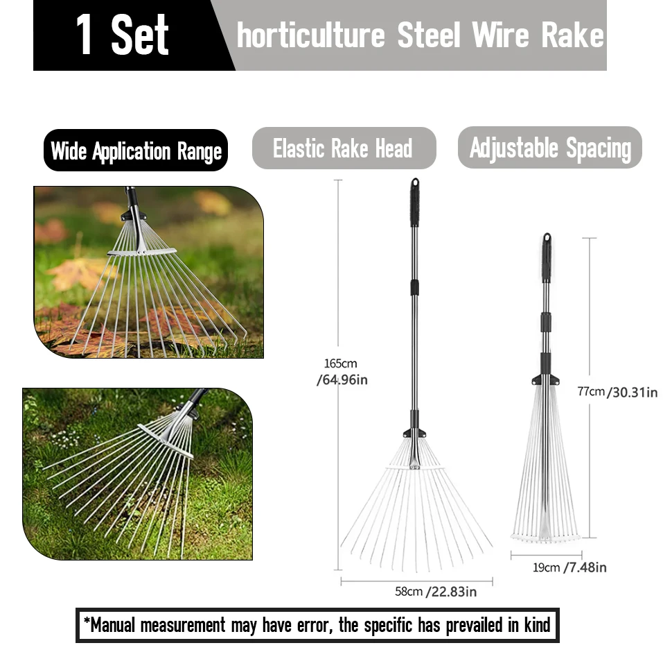 

Garden Leaf Rake Expandable Cleaning Leaves Sticks and Debris Telescoping Handle Lightweight for Flower Beds Roof Gardening Yard