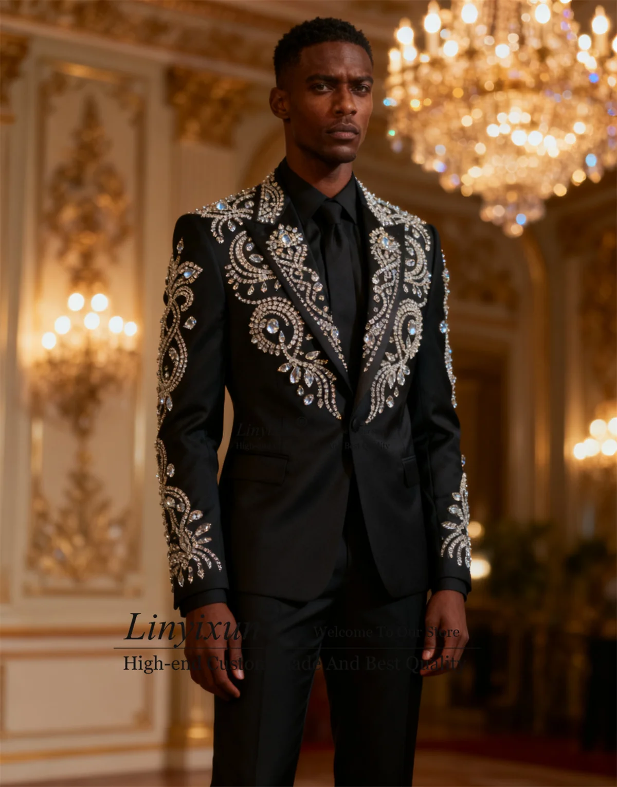 

Красивые приталенные мужские костюмы по индивидуальному заказу со стразами и бисером, комплекты из 2 предметов, мужские пиджаки для жениха, пальто, брюки, тонкие свадебные смокинги Ropa