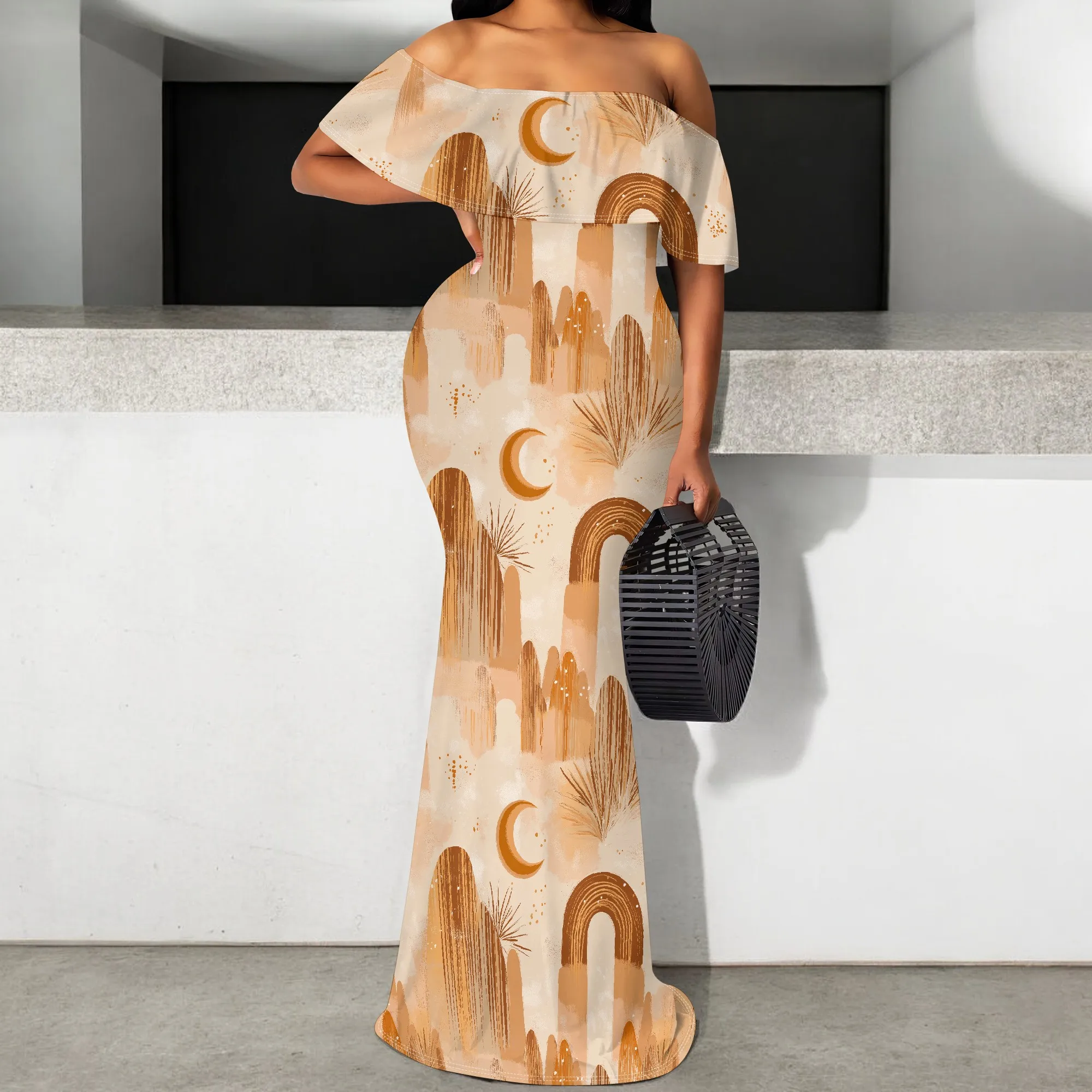 

Boho Off-Shoulder Maxi Dress | Rainbow Print & Crescent Moon Design | Summer Vacation Dress | Sizes S-3XL