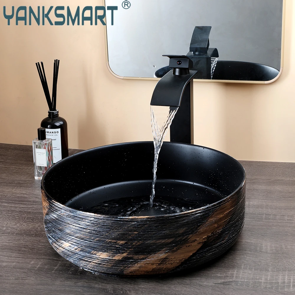 

YANKSMART Black Round Ceramic Bathroom Basin Vessel Vanit Countertop Sink Mixer Waterfall Faucet with Pop-up Drain Combo Kit