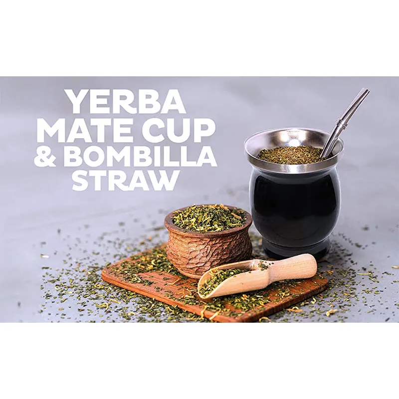 Walfos 1Pcs Natural Gourd Tea Cup Set 8 Ounces Bombillas Yerba Mate Straw Cleaning Brush Stainless Steel Double-Walled Milk Mug