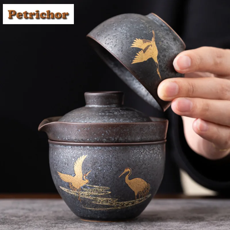 

Чайный сервиз Kiln Fambe Crane, полный набор, элегантный набор чашек, набор для чайной церемонии, чайник и чайная чашка, набор для чайного оборудования, ремесленный подарок