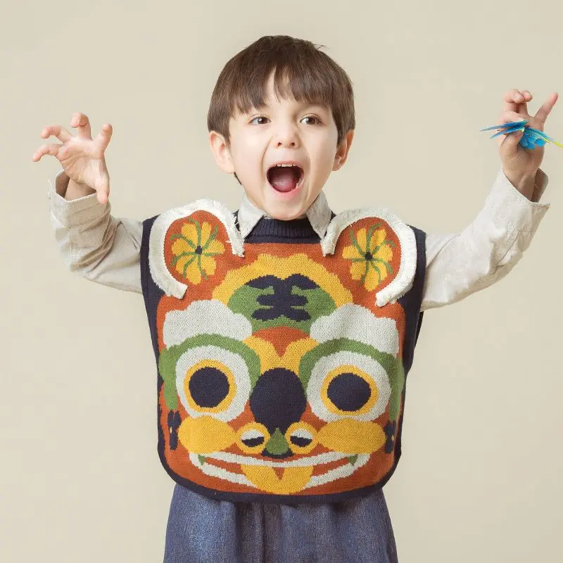 Children's Clothing 2022 Spring New Boys and Girls Sweater Vest Fashion Cartoon Chinese Style Tiger Children Vest Waistcoat