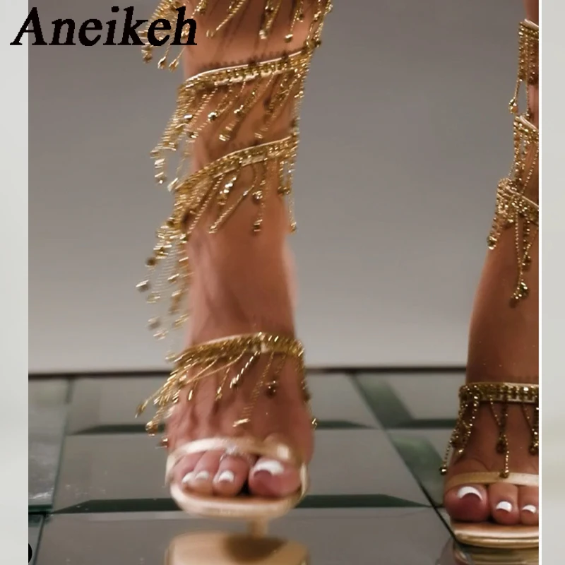 Aneikeh 2024 Fashion Sexy Rhinestone String Bead Ankle Strap High Heels Women Summer Silk Round Toe Open Toe Sandals Party Dress