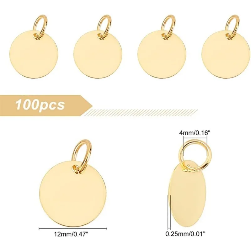 100Pcs Brass Stamping Blank Tag Charms 12mm Flat Round Metal Stamps Tags Golden Blanks Pendants with Jump Ring for Bracelet - view 2