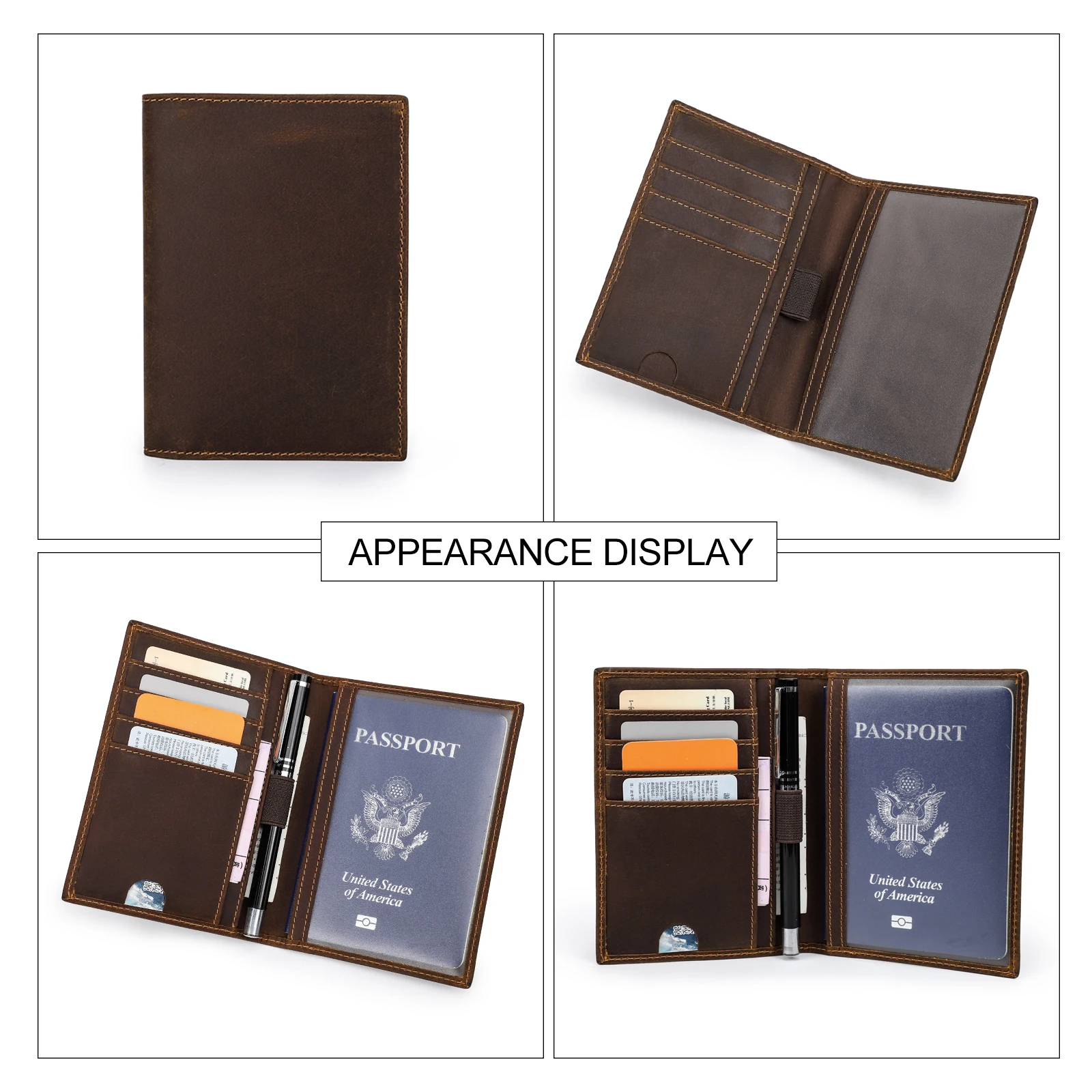 Retro Leather Passport Cover RFID Blocking For Cards Travel Passport Wallet Document Organizer Case With 1 Pen Holder Men Women