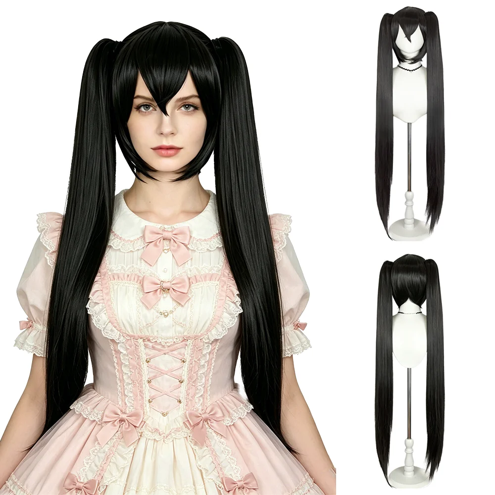Miku Cosplay Wig 120cm Long Black Straight with 2 Detachable Ponytails Heat Resistant Synthetic Anime Wig For Halloween Party