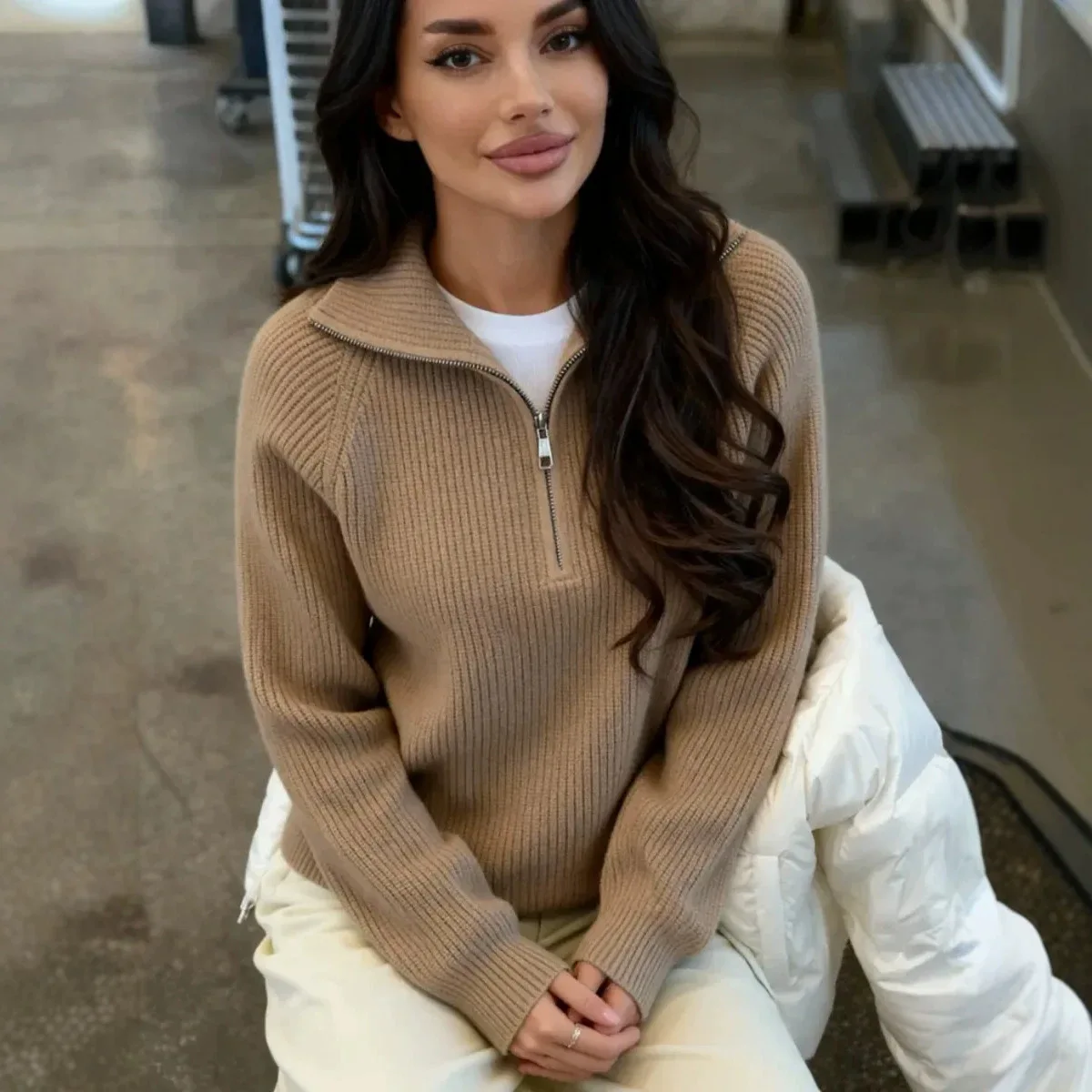 2026 Autumn and Winter Half-Zip Sweater Women's Coat Loose Slim High-Level Lapel Pullover Sweater Top