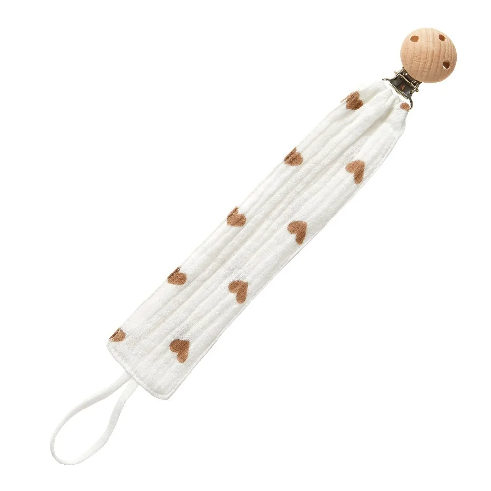 

Safe Cotton Gauze Pacifier Clip Chain Safe Wooden Anti-drop Nipple Holder Clips Print Teether Chain Newborn Soother