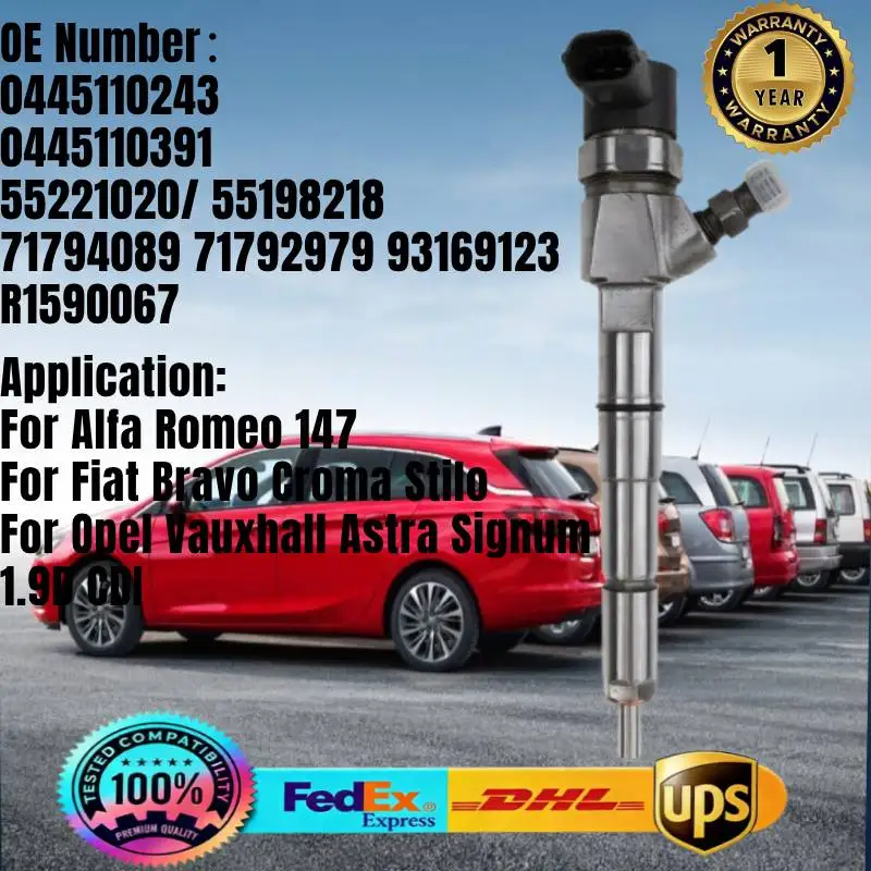 

0445110243 0445110391 55221020 55198218 71792979 R1590067 Fuel Injector for Alfa Romeo 147 Fiat Bravo Opel Vauxhall Astra 1.9D