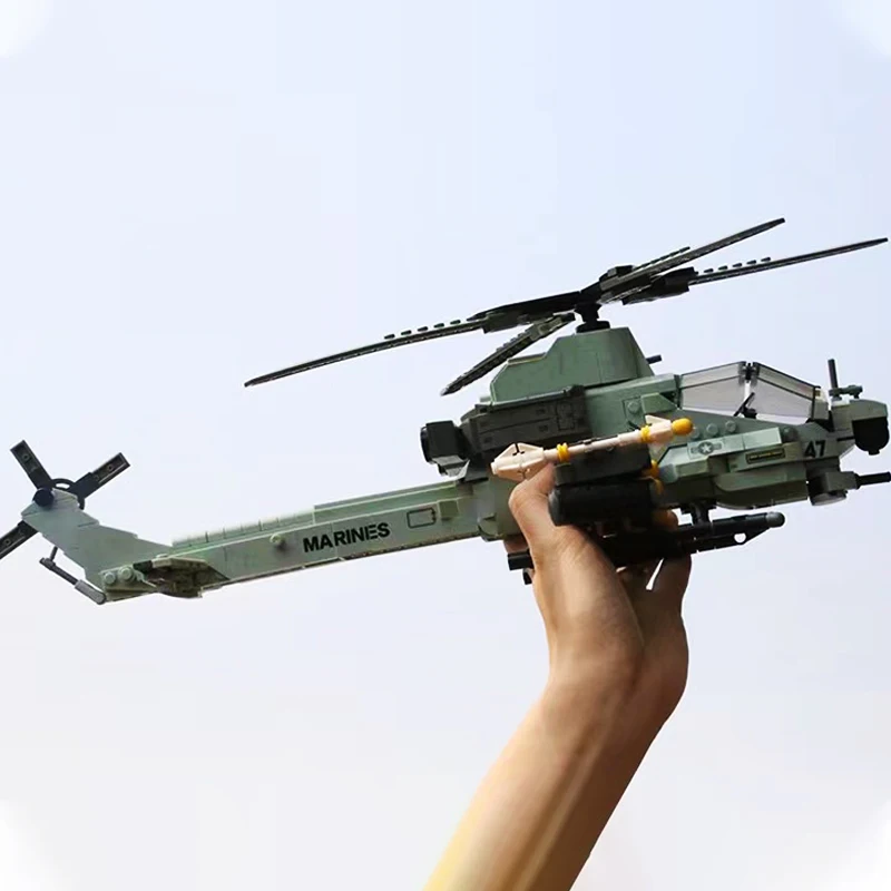 

Military Airplane AH-1Z Viper Attack Helicopter Building Blocks Black Shark Helicopter WW2 Army Soldiers Weapon Model Bricks Toy