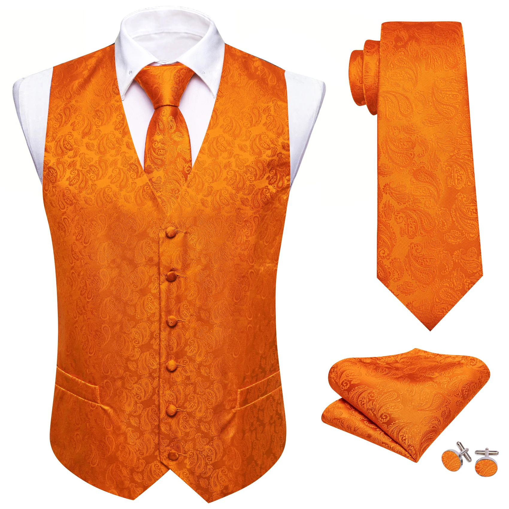 Luxury Silk Vest for Men Orange Paisley Flower Waistcoat Tie Set Party Wedding Formal Business Sleeveless Jacket Barry Wang