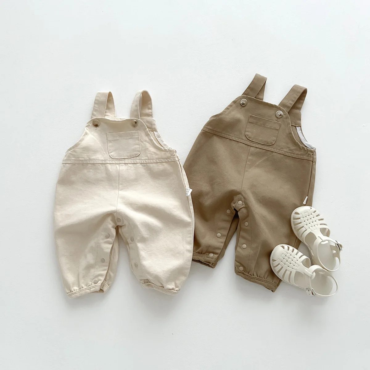 Summer Fashion Boy Girl Baby Ins Solid Pocket Loose Overalls Newborn Simple Casual Suspemder Jumpsuit Children Cotton Thin Pants