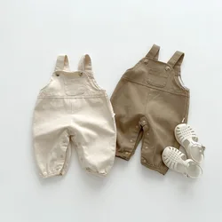 Summer Fashion Boy Girl Baby Ins Solid Pocket Loose Overalls Newborn Simple Casual Suspemder Jumpsuit Children Cotton Thin Pants