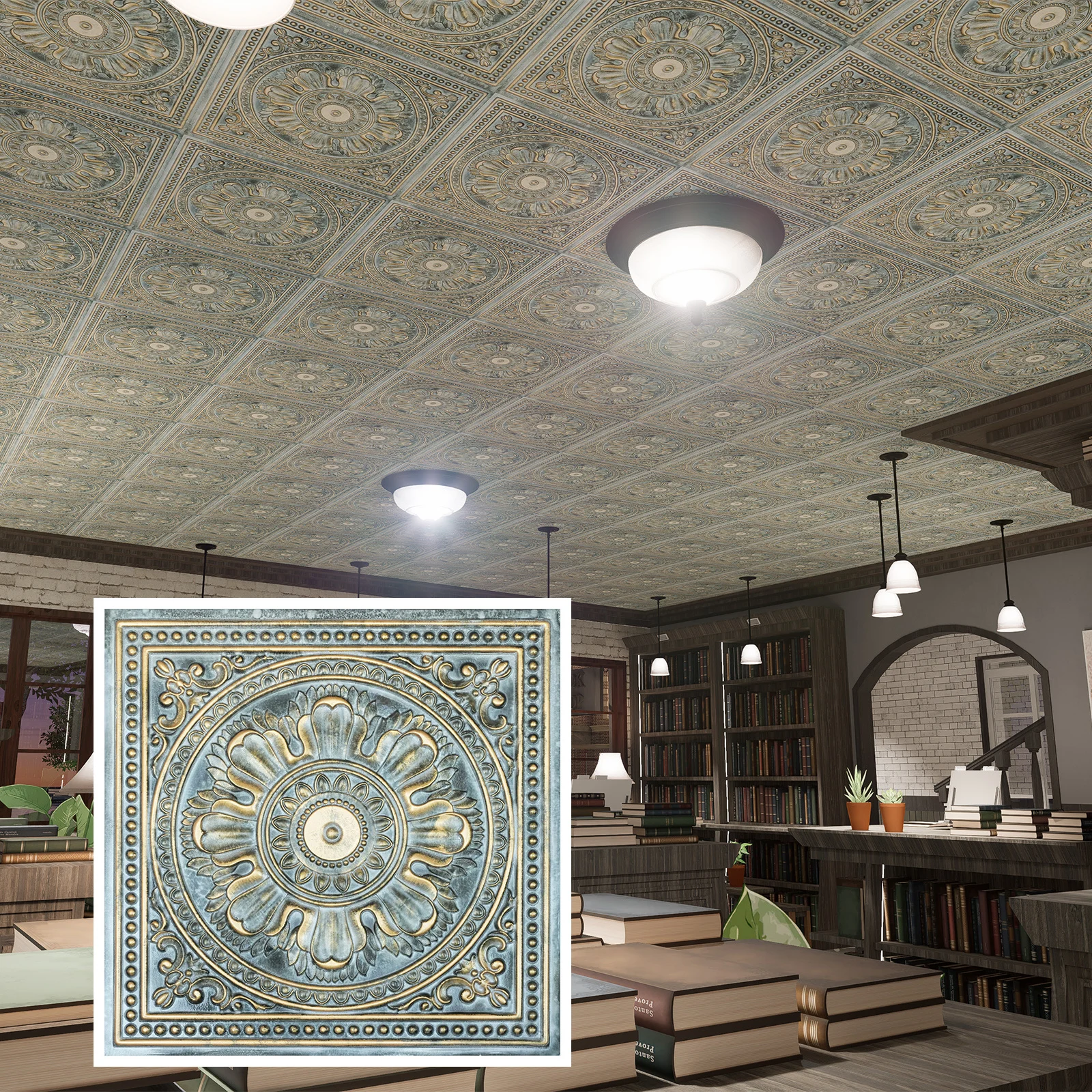 Faux tin ceiling tiles，Reclaimed ceiling tiles，metalline ceiling tiles for Flower Boutique PL17 Bluish gold 10pcs